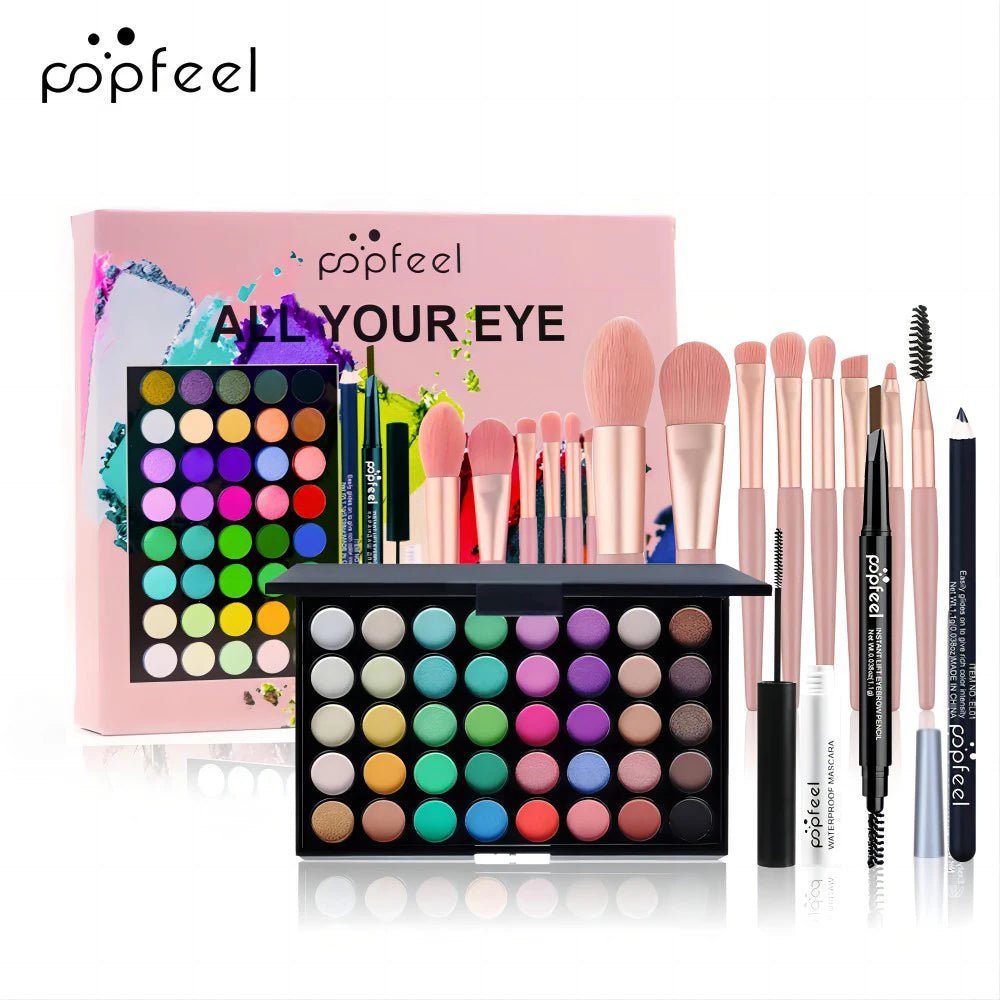 POPFEEL Professional Eye Makeup Set: Eyeshadow Palette, Eyeliner, Brow Pencil, Mascara +8 Makeup Brushes - Perfect for Beginners