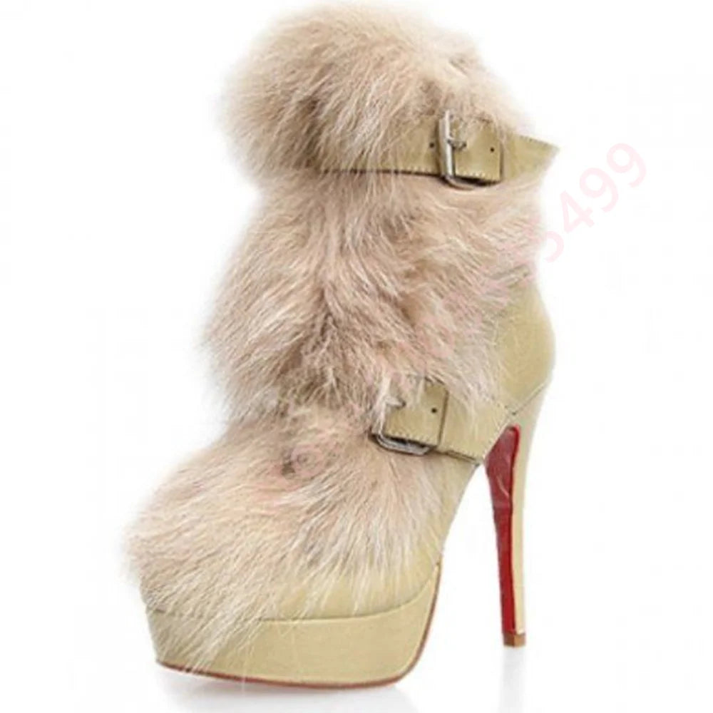 Winter Platform Belt Buckle Soft Fur Short Boots Fashion Show Party Casual Furry Boots New Sexy Women's Stiletto Warm Boots