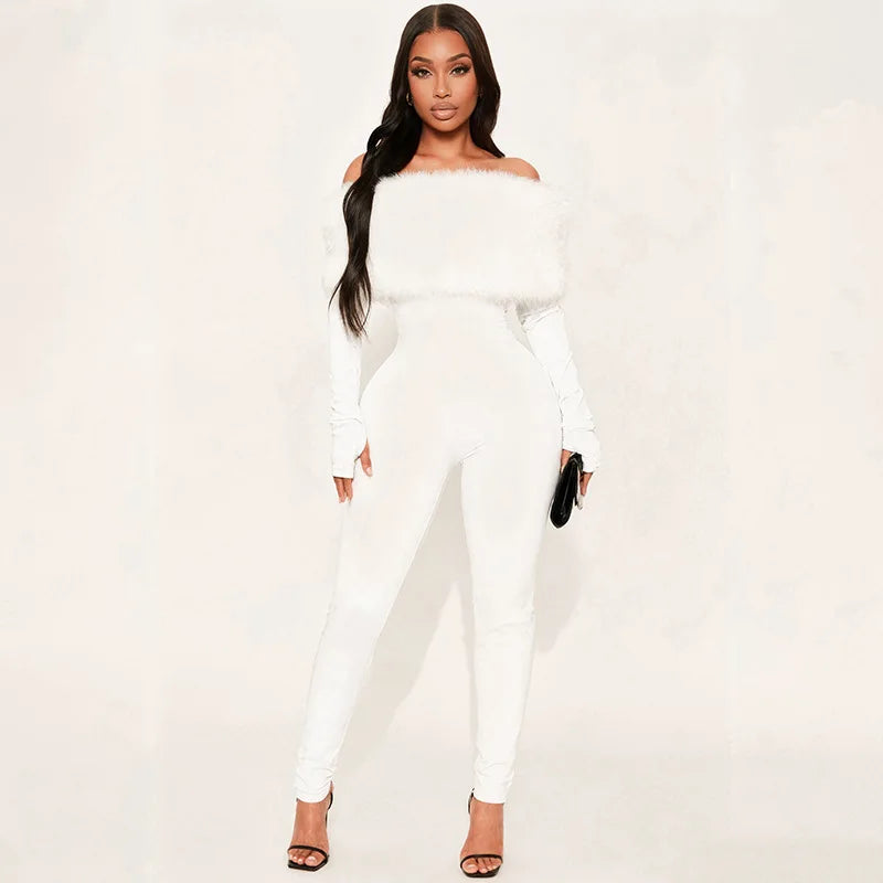 Autumn Winter Furry Long Sleeve Tight Jumpsuit Bodysuits Shapewear Fashion Slim Onesie One Piece Jumpsuits Women's Sexy Trousers