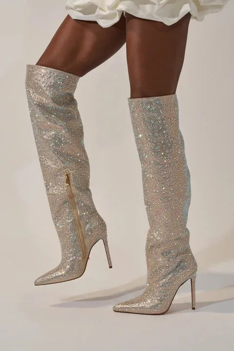 2026 New Glitter Heels Crystal Knee High Woman Long Boots Bling Rhinestone Knight Boots Sexy Pointed Toe Shinning Lady Boots