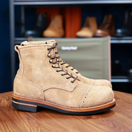 Men's Beige Faux Suede Vintage Short Shaft Boots, Round Toe Non-slip Lace-up Ankle Boots for Motorcycle RidingOutdoor Botas Moto