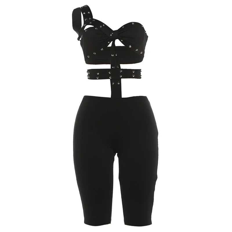Sisterlinda Rivet Sexy Halter Romper Women Backless Sleeveless Irregular Waistless Summer Sexy Skinny Club Midnight Playsuits