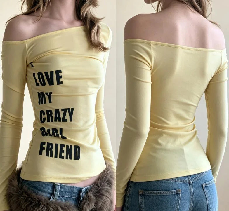 Y2K Women's Long Sleeve T-Shirt American Style Sweet Spicy Letter Print Shoulder Casual Versatile Sexy Spicy Girl INS Style