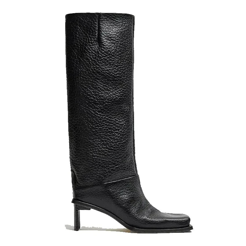 2026New Fashionable Square Head High Heels Women's Knee Length Boots with Side Zipper Stone Pattern Women's Mid Length Boots
