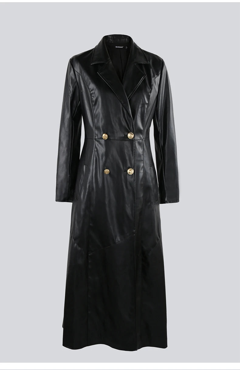 Nerazzurri Extra Long Red Black Pu Leather Trench Coat for Women with Gold Button Double Breasted Luxury Elegant Chic Overcoat