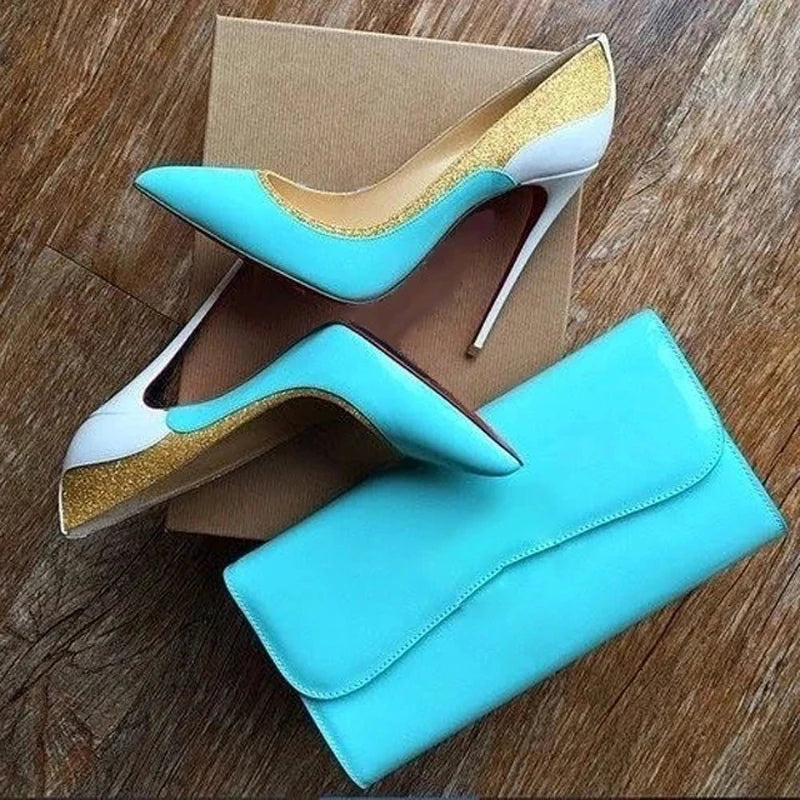Mint Blue Red Patchwork Glitter Mixed Color Pumps Patent Leather Pointed Toe 12cm Stiletto Heels Wedding Shoes Women