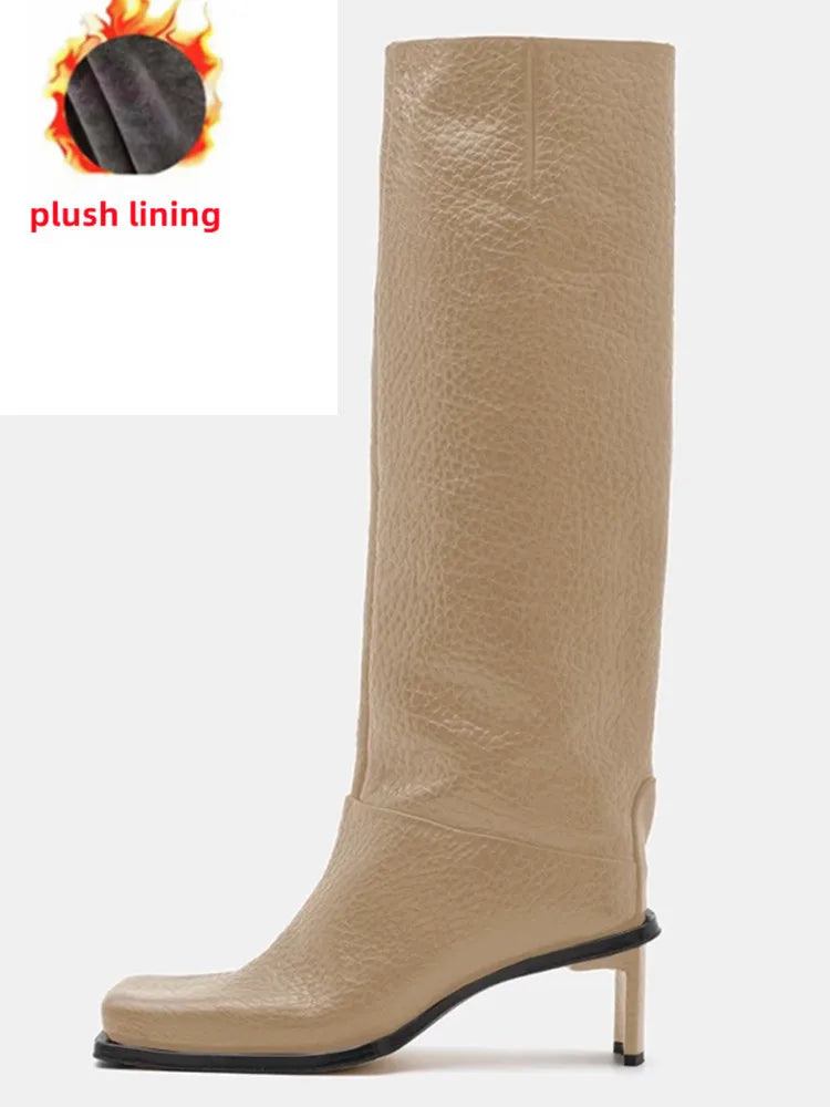 2026New Fashionable Square Head High Heels Women's Knee Length Boots with Side Zipper Stone Pattern Women's Mid Length Boots