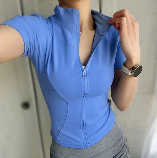 Women Slim Casual Sports Tops Solid Zipper Yoga Short Sleeve Coat Female Outfit Summer Clothes Running Fitness Shirts For Lady