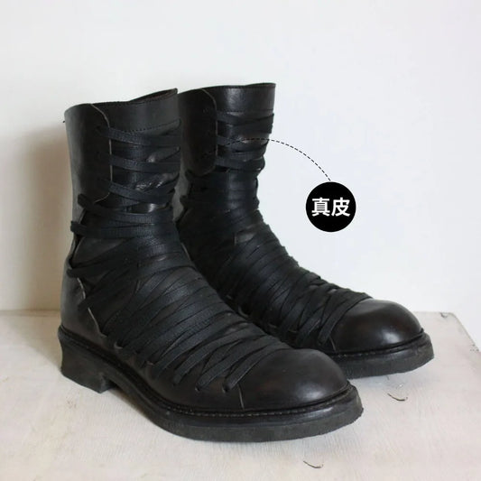 Side Cross Tied Black Walking Boots Fashion Men's Mid-calf Knight Boots Flat Round Toe Solid Back Zipper Western Chelsae Boots