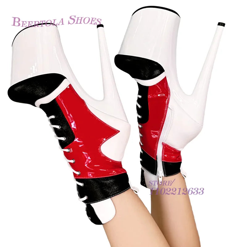 Black Red Sports Leather Platform Heels Women Pole Dance 20Cm Sexy Lace Zipper Round Cover Boots Short Ankle White Graffiti Shoe