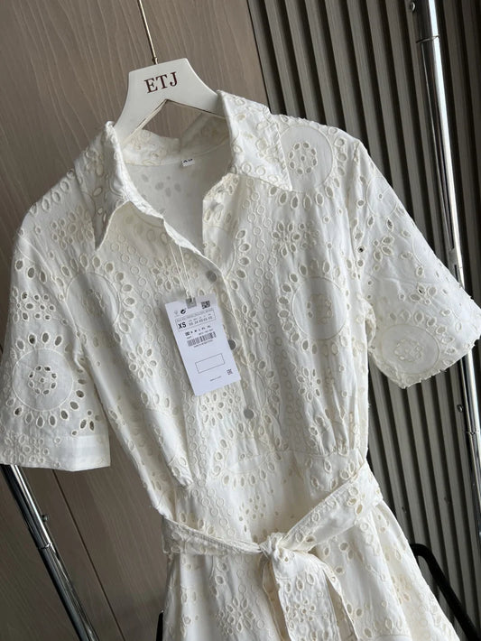 ETJ 2025 new women's elegant fashion hollow embroidery cotton shirt lapel short-sleeved dress temperament long skirt