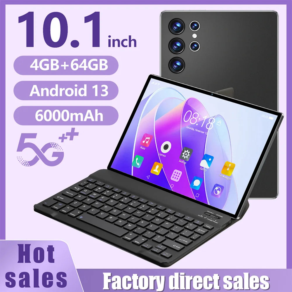 New Upgraded Pad 10.1 Inch Android Tablet Octa Core 4GB+64GB ROM Dual Phone Call WiFi Google Play Tablet PC with Keyboard Case
