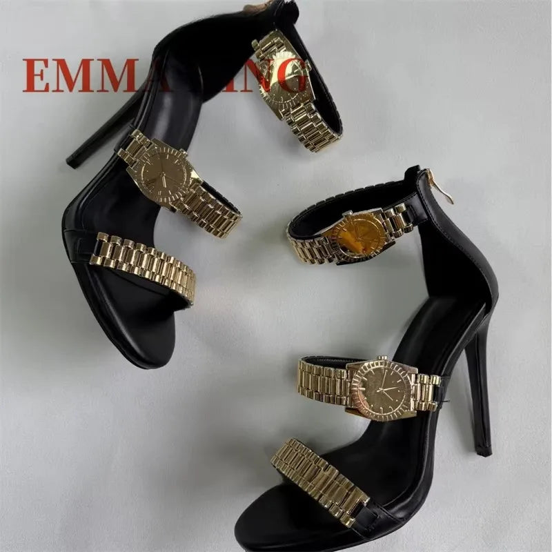 Gold Watch Studded Sandals Open Toe High Heel Ankle Strap Sandals Back Zipper Metal Chain Gladiator Sandals Summer Party Shoes