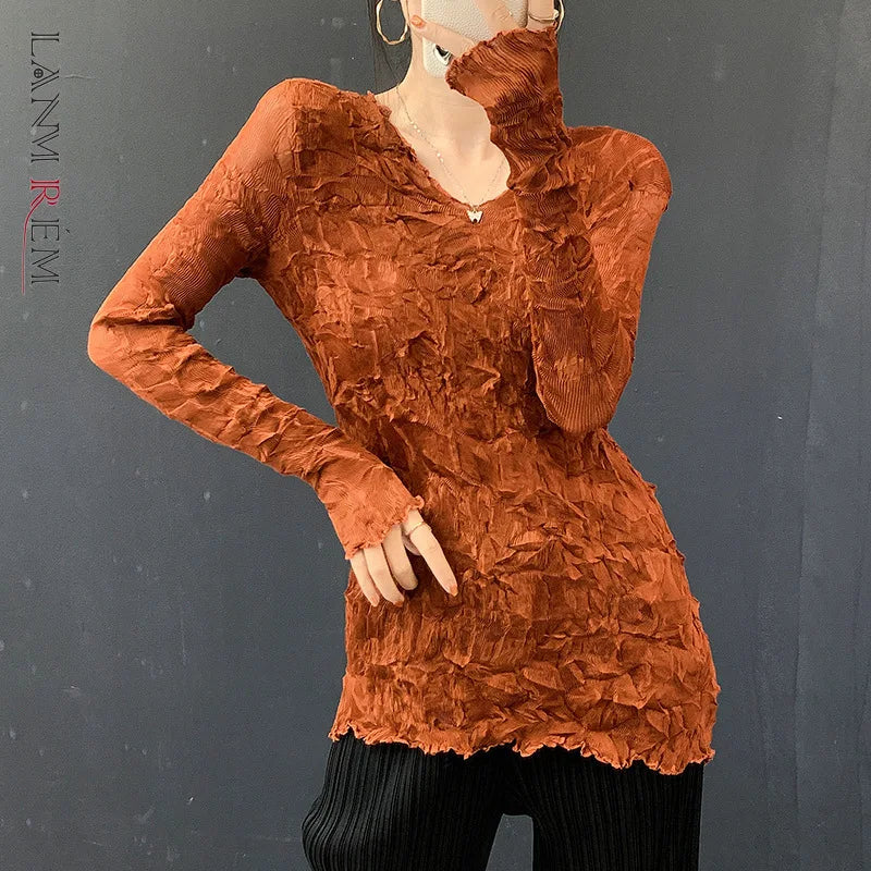 LANMREM Grey 2026 Spring Summer New Handmade Pleated Women's T-shirt Long Sleeve High Elastic Slimming Pullover Tops 2DB6772