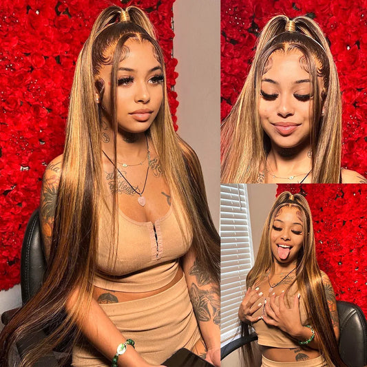 Premium Highlights Blonde Colored 13x6 HD Lace Front Human Hair Wigs Tuneful Malaysian Straight HD Transparent Lace Frontal Wig