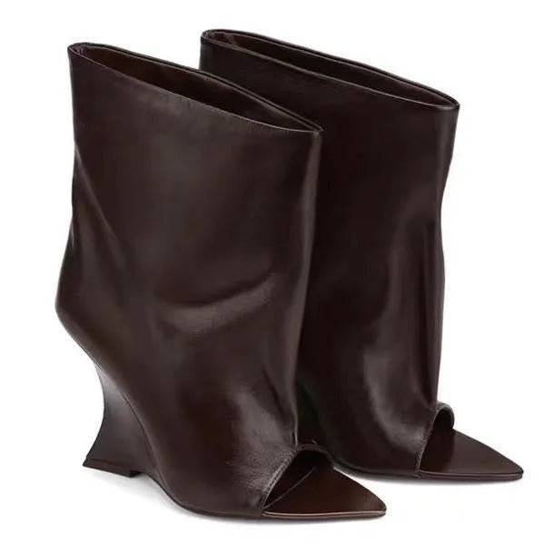 2006SoleLadies'-Spring/Summer-New-Fish-Mouth-Slope-High-Heel-Short-Boots-with-Pointed-Toe-Exposed-Cool-Boots,-Mid-Top-Boots