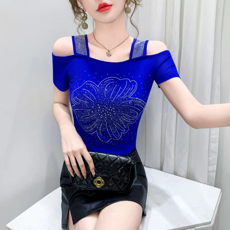 High Quality Elasticity Clothes Fashion T-Shirts Women's Sexy Off Shoulder Shiny Diamonds Mesh Tops Summer Tees Shirt