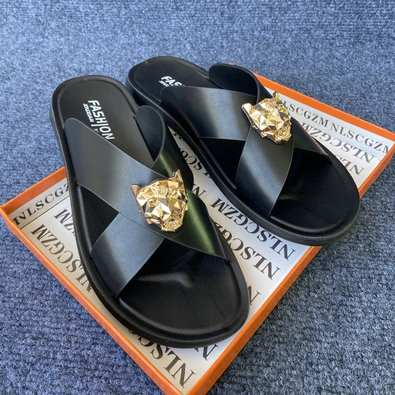 size38-48 original shoes brand summer leather slides for man black brown fashion shoes for mens slippers business beach slippers
