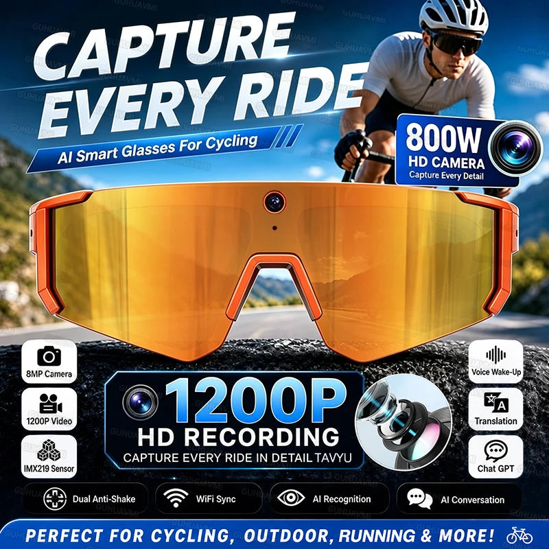 Outdoors Cycling AI Smart Glasses with Camera 1200P Video Recording Anti-Shake Shooting AI Voice Translation Windproof Goggles
