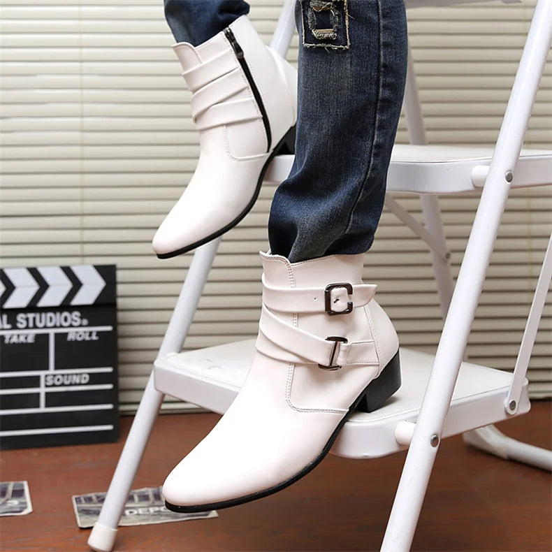 Leather Chelsea Boots Men Designer 2024 White Dress Boots Men Casual High top Buckle Strap Formal Shoes Men Motorcycle Boots