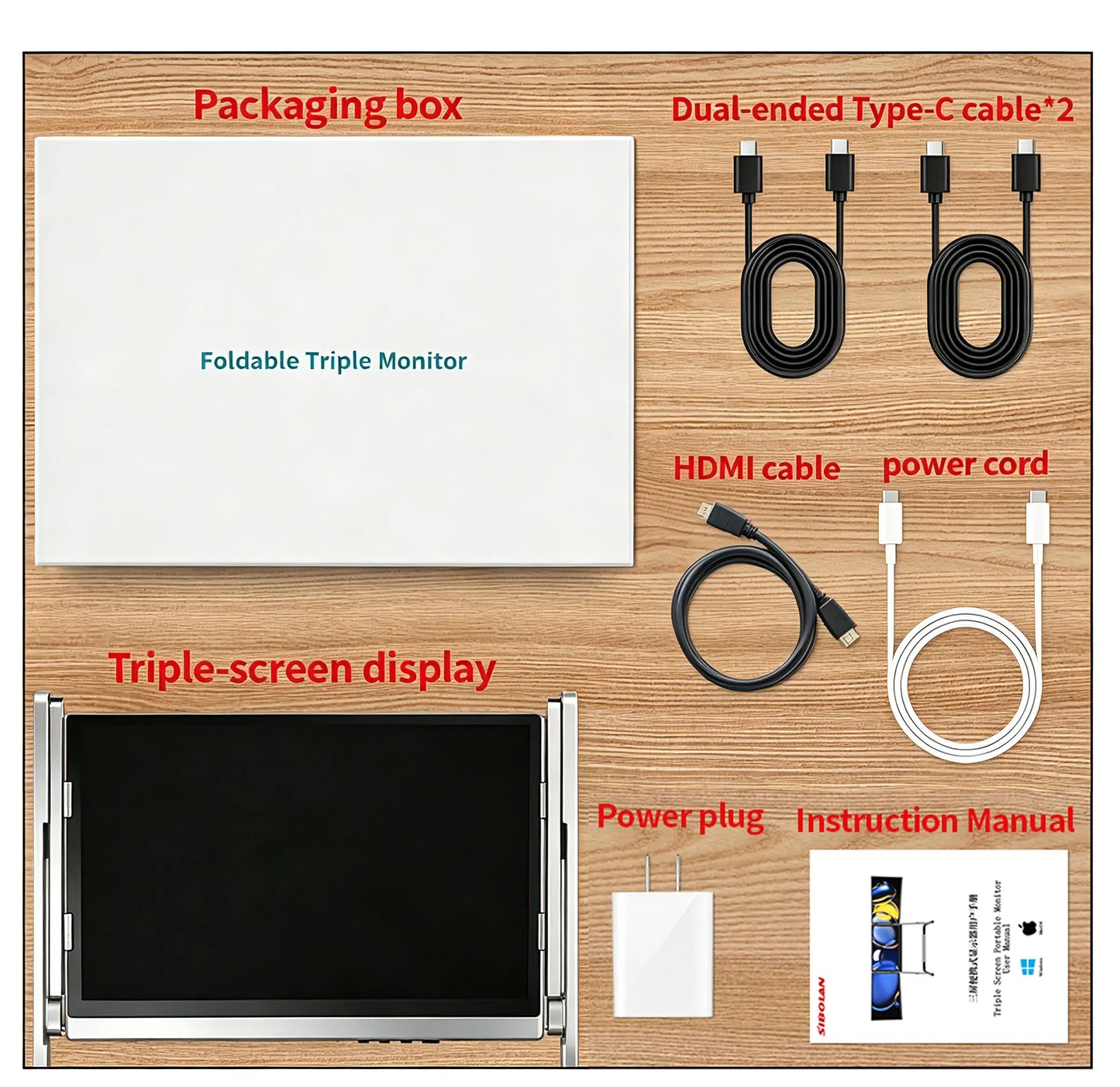 Sibolan 16 inch 2.5K Three Screen Portable Monitor 60Hz 100% sRGB Metal Body HDMI USB-C Laptop Display Extender For Wins mac OS
