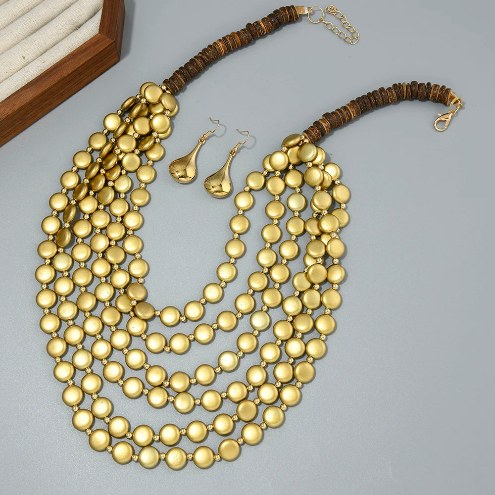 2026 Trend MultiLayer Round Wood Disc Handmade Beaded Statement Necklace Earrings Set For Women Beach Holiday Party Accessories