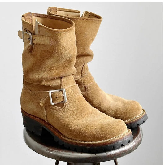 Cow Suede All-Macth Motorcycle Boots Men's Women Engineer Ort Shoes Retro Motorcycle Boots Faded Mid-Calf Shoes Motocross Boots