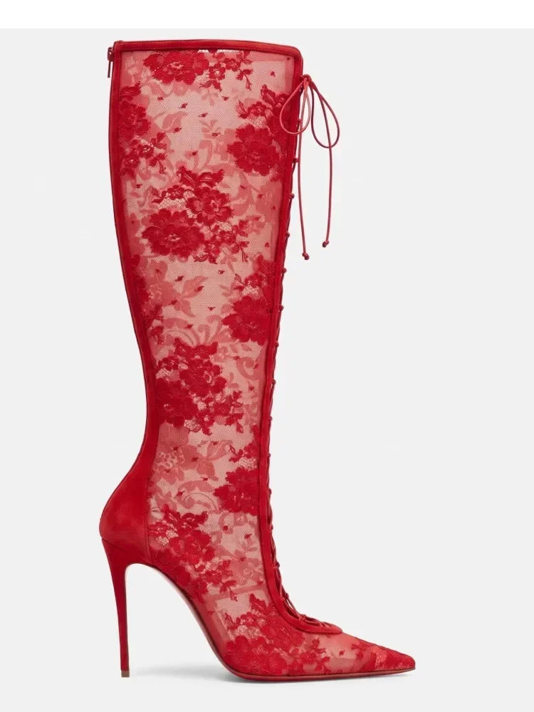 2026Spring and Summer Pointed Black Mesh Fine High Heels Knee Length Cool Boots Embroidered Lace Up Party Wedding Women's Boots