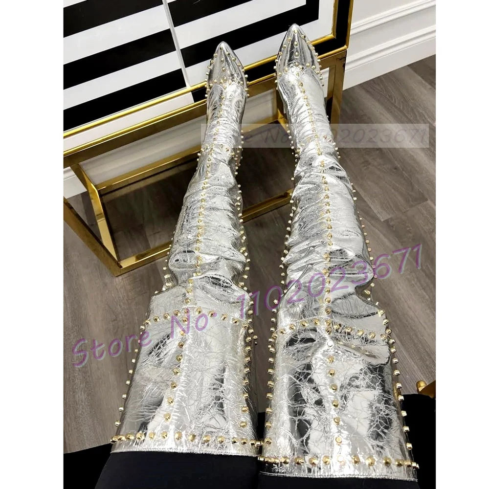 Sparkling Studded Thigh High Boots Women Sexy Metal Rivets Pointy High Heels Suede Leather Shoes Ladies Winter Fashion Boots