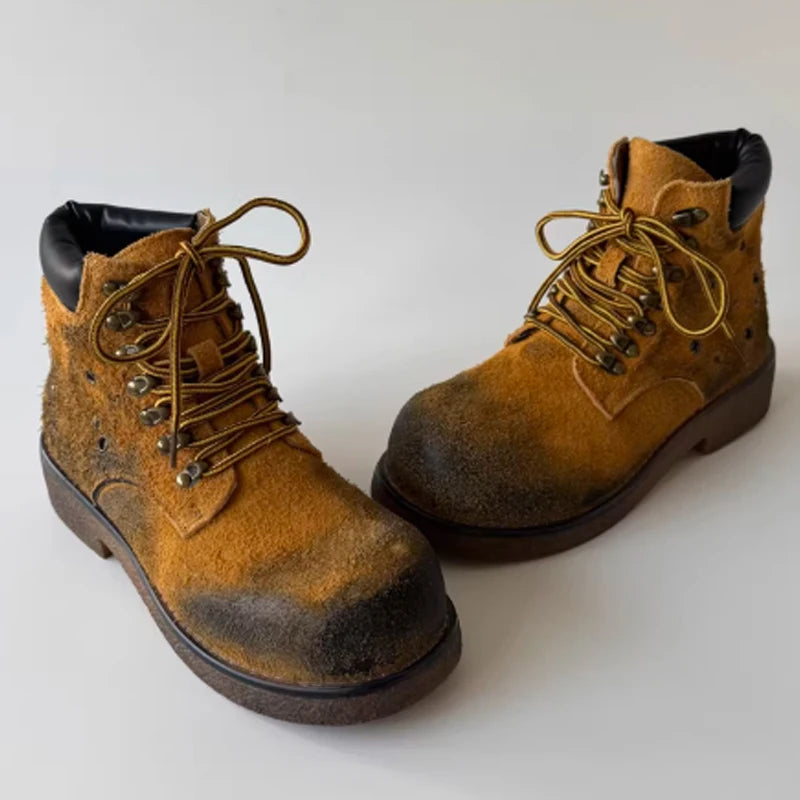 Men's Retro Yellow Distressed Suede Platform Lace-Up Ankle Boots Casual Fashion Rivet Decor Work Boots for Autumn Winter