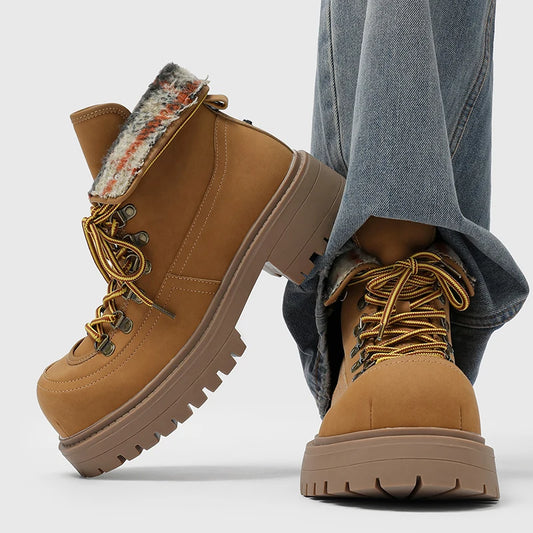 Men High Cut Thick Soled Motorcycle Boots with Trendy Round Toe Straps Comfortable Classic Business Leisure Commuting Men Boots