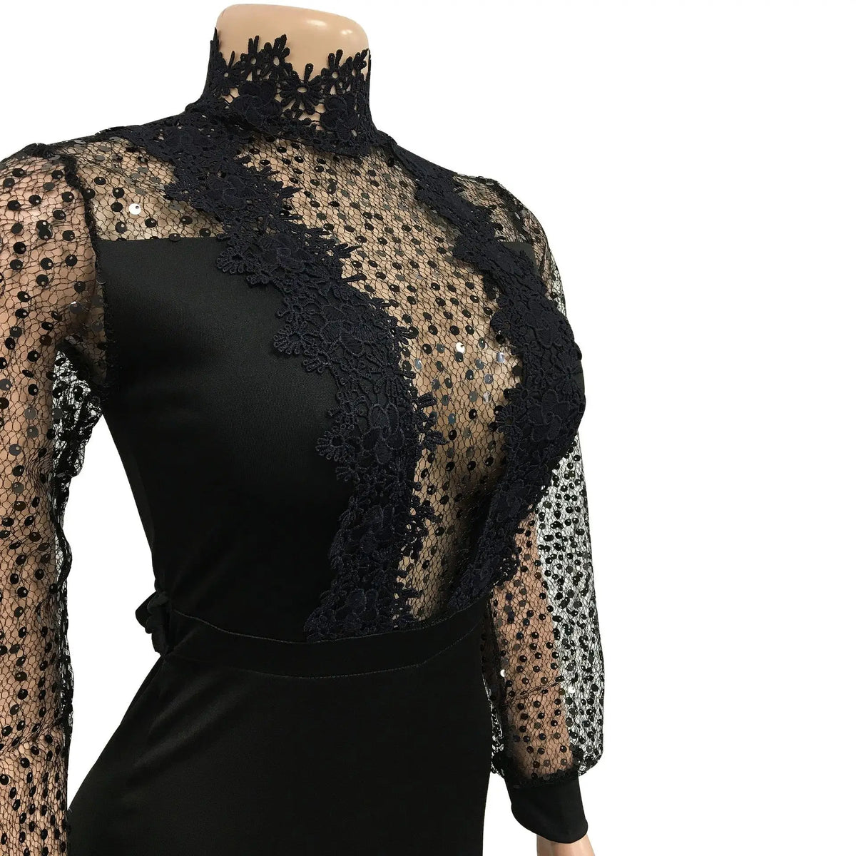 HBLL Women Sequin Lace Jumpsuit Elegant Long Sleeve Wide Leg Pants Sexy See Through Evening Party Outfits Jumpsuits With Belt
