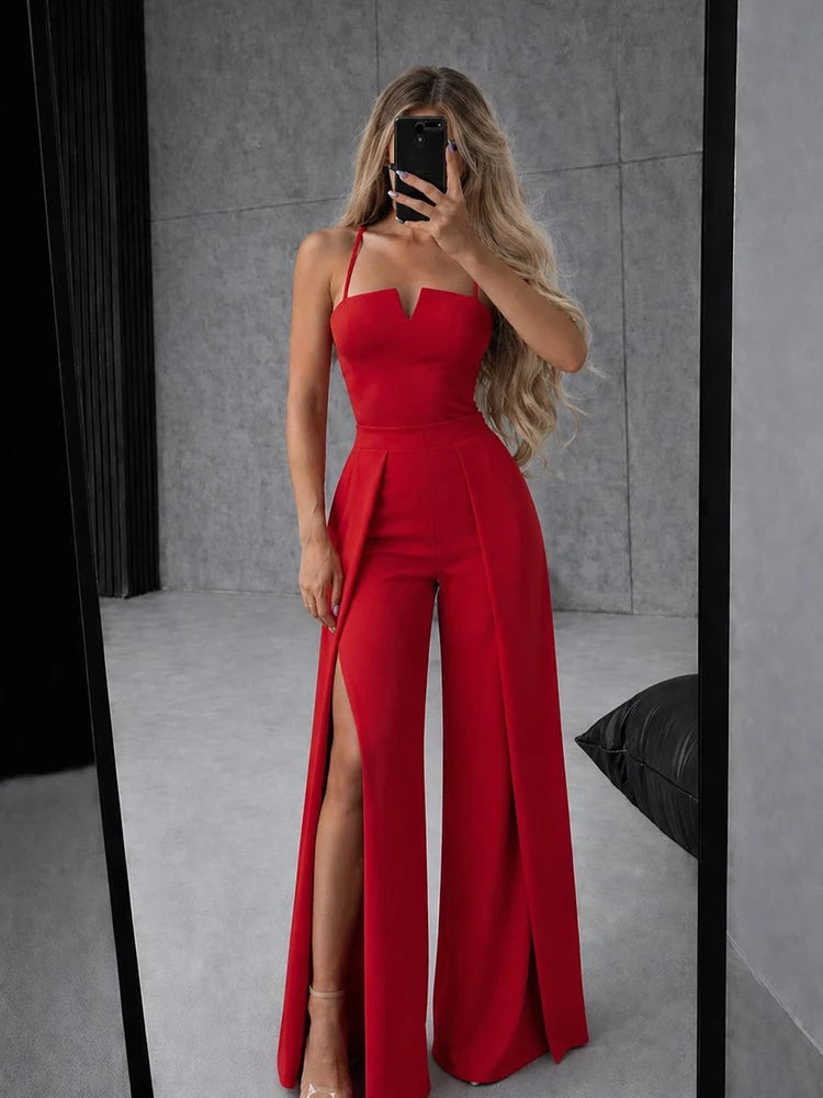 Commute Sling Jumpsuits Women Square Neck High Waist Split Solid Jumpsuit Female 2026 Summer New Fashion Soft Streetwears Lady