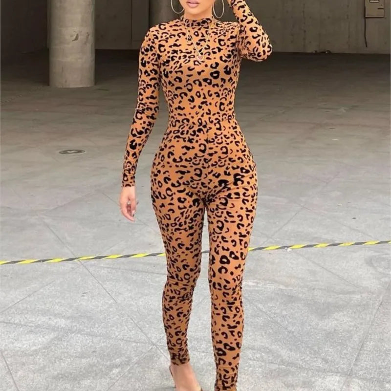 Leopard Print New Women's Jumpsuit Slim Long-sleeved Sexy Flocked See-through Slimming Jumpsuits For Woman Комбинезон Женский