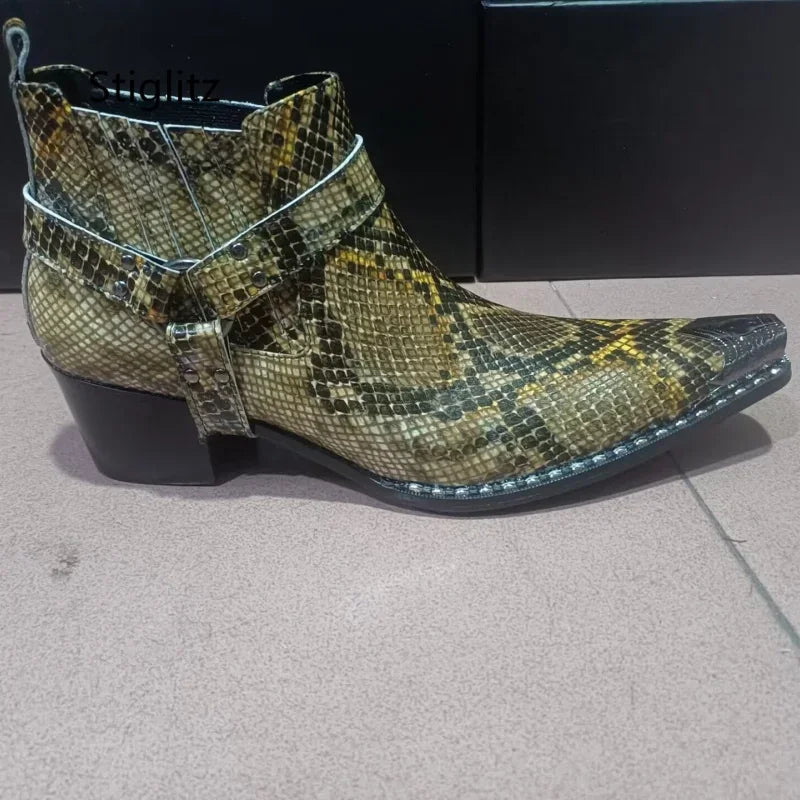Buckle Strap Snakeskin Ankle Boots for Men High Heels Slip On Genuine Leather Work Boots Metal Decor Chelsea Boots Men's Shoes
