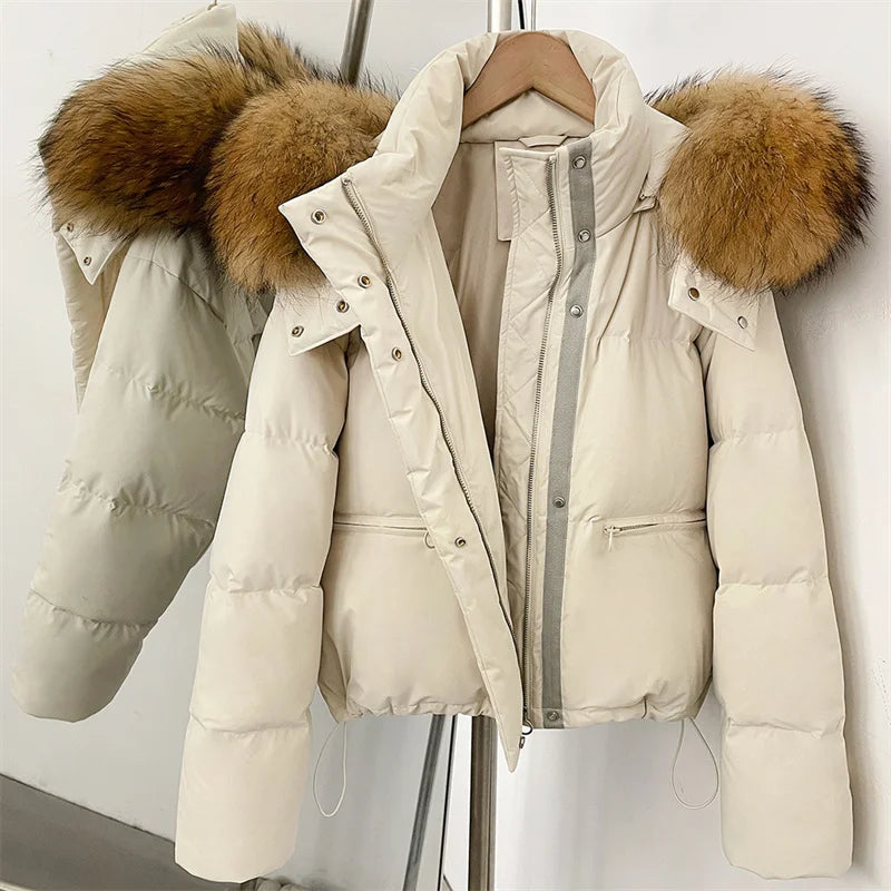 women's winter down jacket 2026 new detachable fox fur collar hooded women's down coat White duck down filled warm thick coat