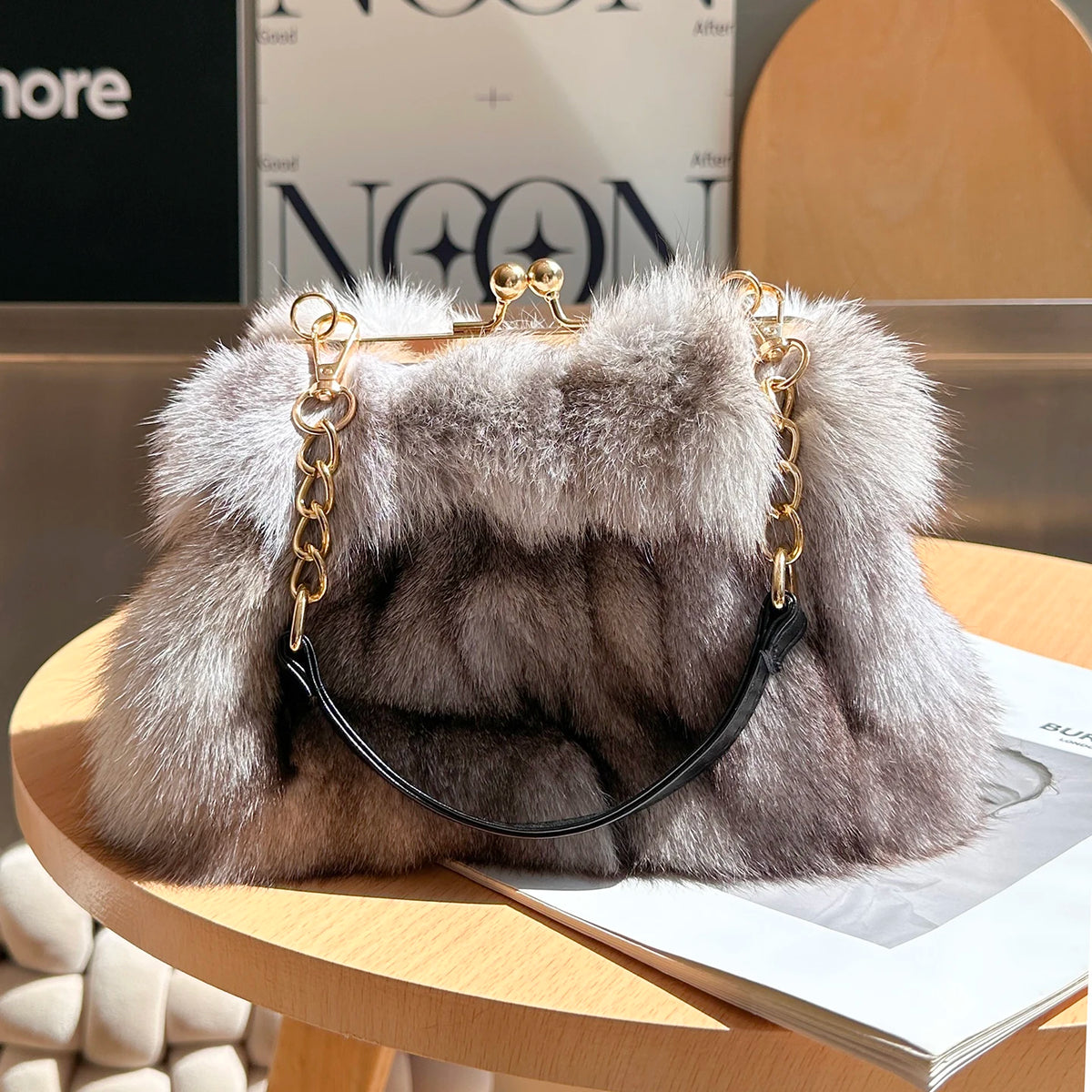 Real Fur Women Handbags Women Luxury Fox Fur Bag Fashion Female Furry Handbag Real Leather Evening Bag Natural Fur Shoulder Bag