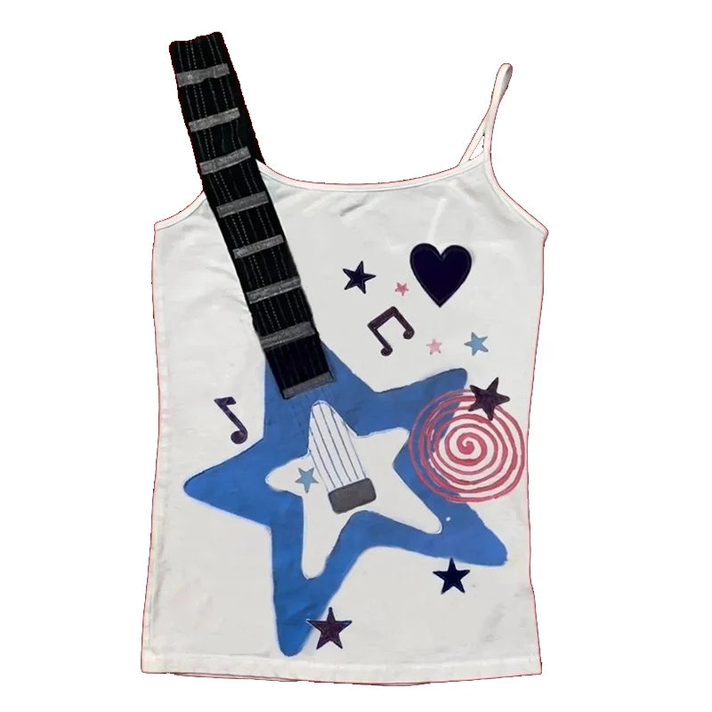 Women's Y2K Punk Sling Vest Retro Electric Guitar Star Print Sleeveless Camisole Indie Rock Street Casual Tank Top