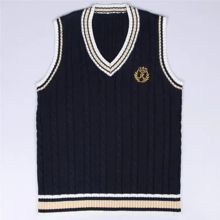 New College Uniform Knitted Vest Embroidery British Style Campus Students Women Men Sweater Waistcoat Girls Jk Daily Clothes 5xl