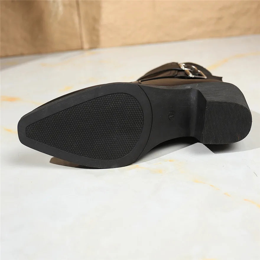 Retro Belt Buckle Women Short Ankle Boots Plus Size 43 Autumn Zipper Soft Leather Square Heel Ladies Pointed Toe Party Shoes New