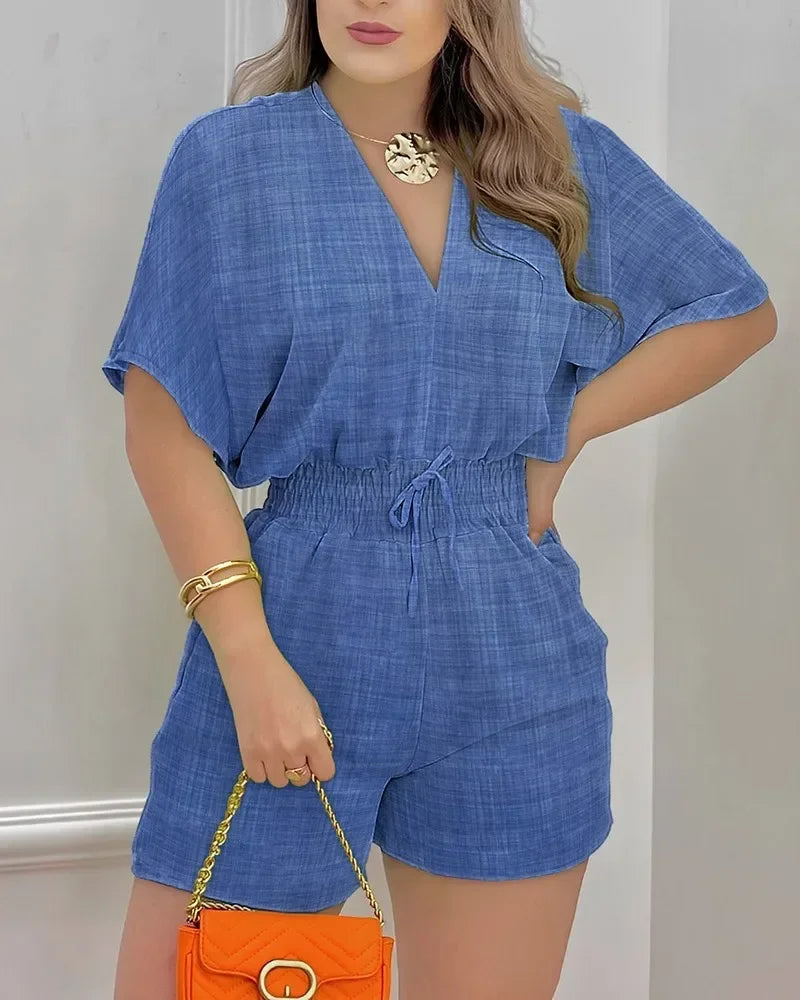 Rompers Elegant Women Short Sleeves Jumpsuits 2024 Summer Female Overalls Loose Casual Print Waist Wrapped One Piece Shorts