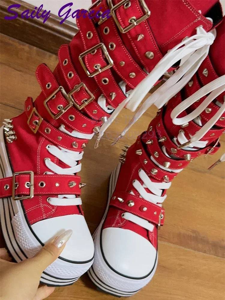Festival Rave Orange Platform Boots Punk Rivet Buckle Straps Knee High Boots 2026 Fashion Thick Sole Women Shoes Party Footwear