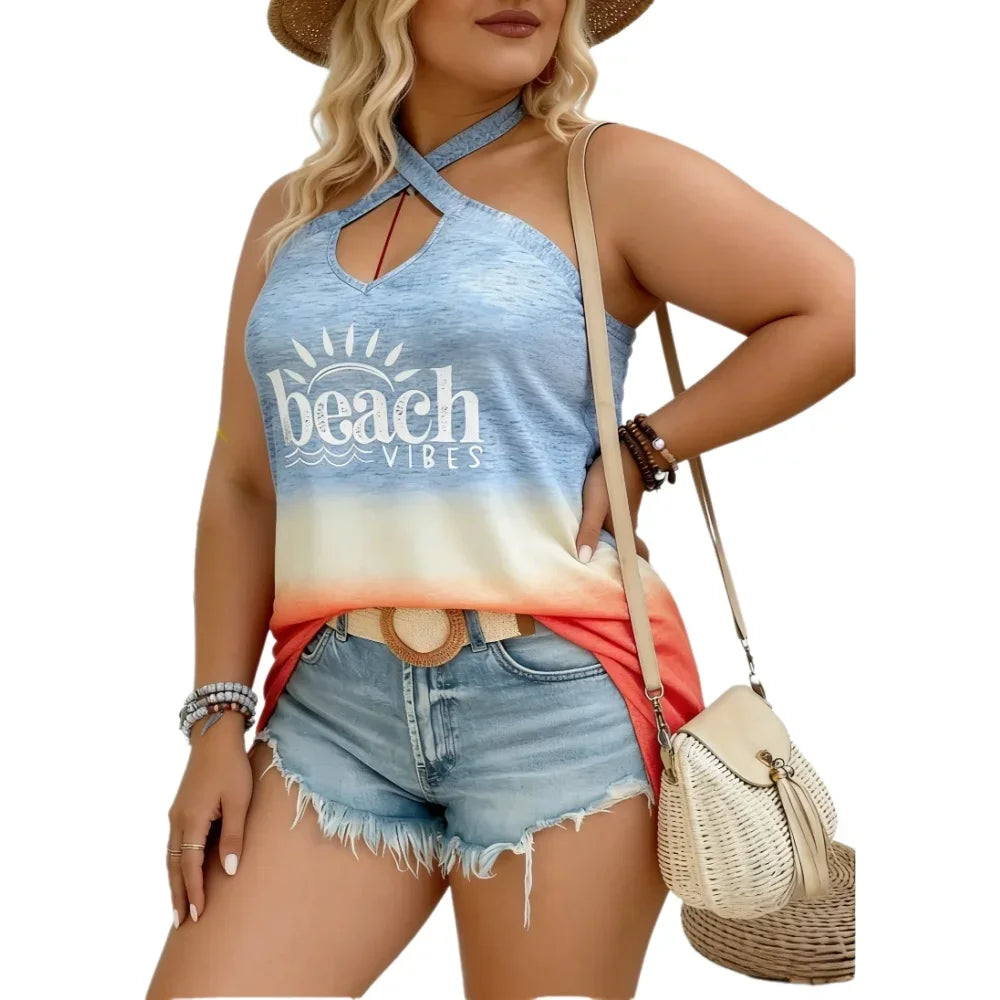 Plus Size Women's Tank Top Halter Cross Ombre Letter Print Slim Tops Casual Tank Top Spring Summer Beach Soft Tops