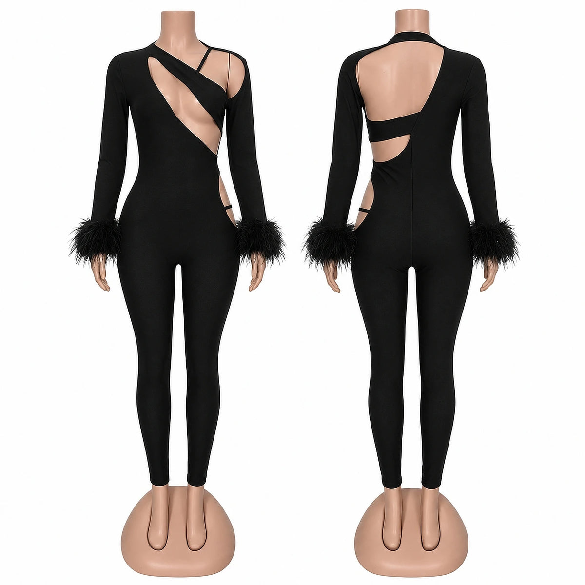 FAGADOER Women Sexy Cut Out Fur Patchwork Jumpsuit One Shoulder Long Sleeve Bodycon One Piece Club Party Night Out Outfit New