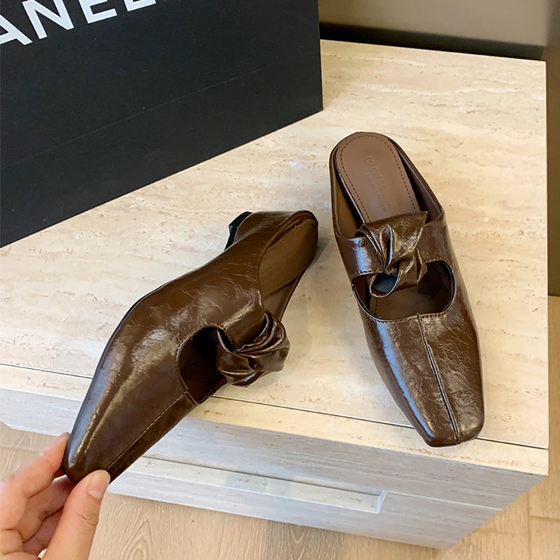 Women Heeled Sandals Slingback Mules Leather Shoes Summer Slippers 2026 Luxury Mary Jane Shoes Comfort Flip Flops Mujer Slides