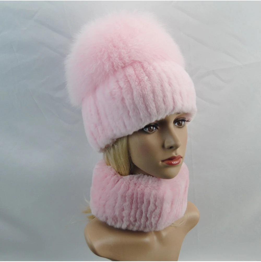 New Winter Lady Brand Hand Make Real Genuine Fox Fur Hat Scarf Girls Natural Real Rex Rabbit Fur Ring Cap Real Fur Scarves Hats
