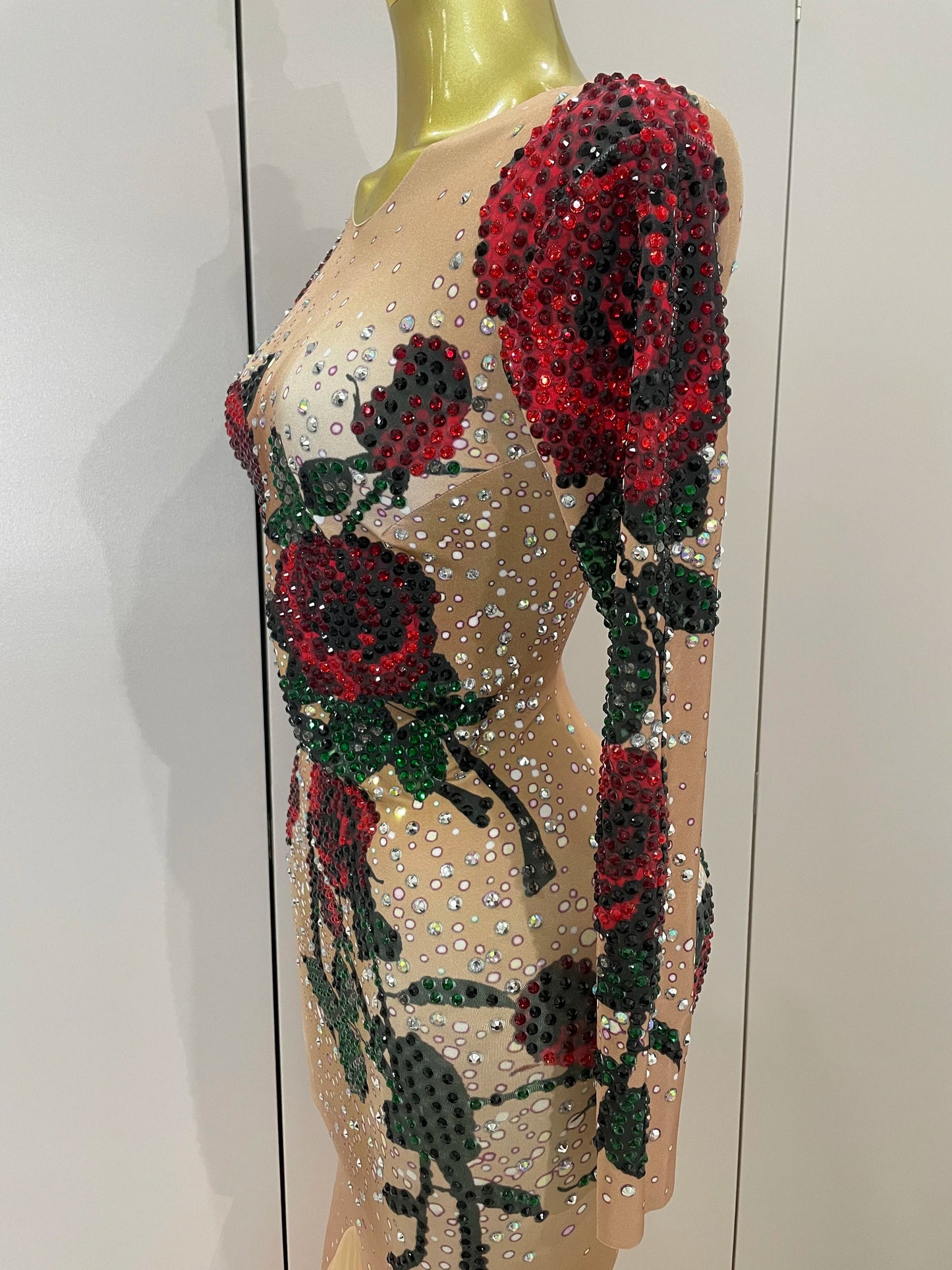 Women Sparkly Diamonds Rose Floral Long Sleeves Floor-Length Dress Eveing Celebrate Birthday Party Nightclub Sexy Stage Costume