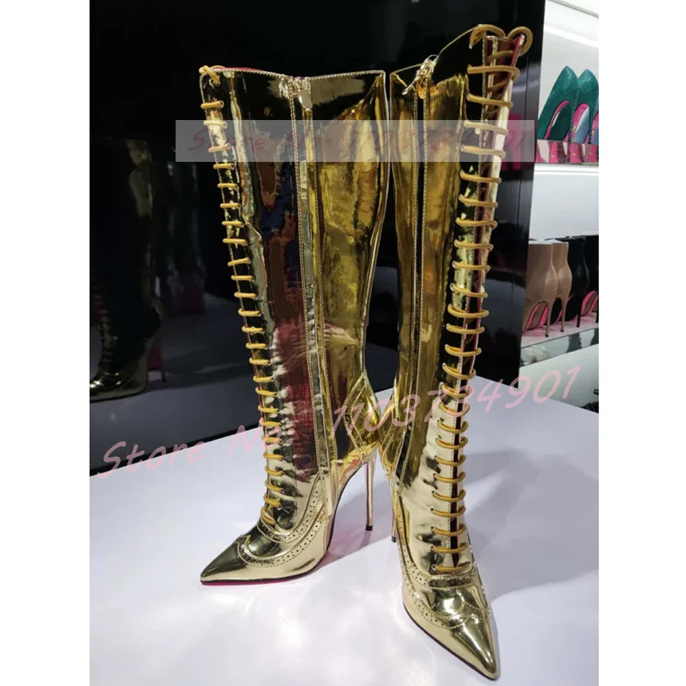 Pink Sole Zipper Knee Length Boots Women Sexy Nightclub Lace Up Pointy Toe High Heels Boots Lady Party Nifty Punk Fashion Shoes