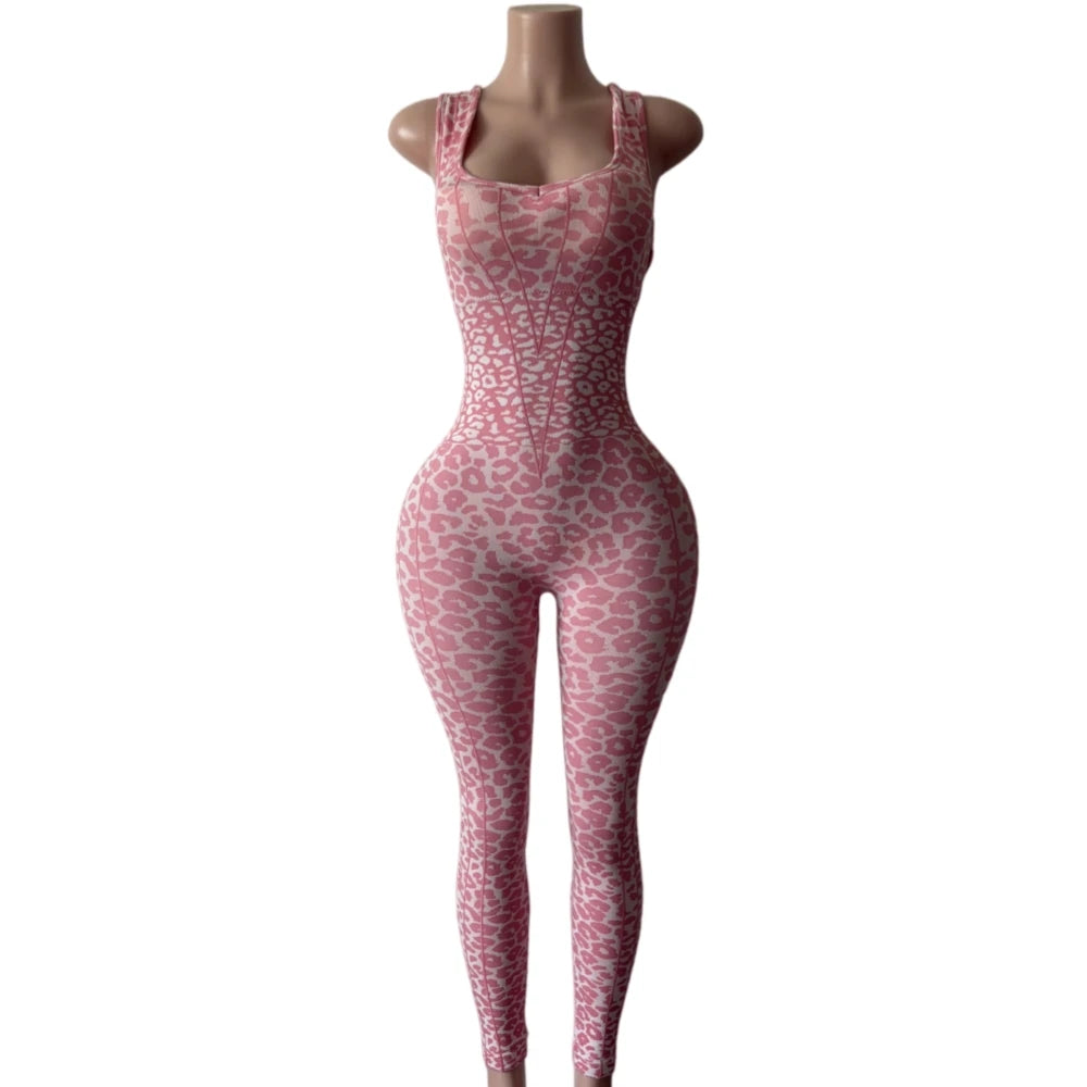 FAGADOER Y2K Sexy Leopard Print Bodycon Jumpsuit Women Halter Sleeveless Deep V Backless Long Romper Streetwear Club Night Party