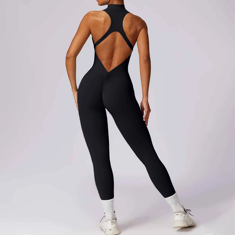 Sport Jumpsuits Women Zipper Fitness Overalls Sexy Backless Gym Bodysuits Scrunch One Piece Suit Workout Clothes Tracksuits